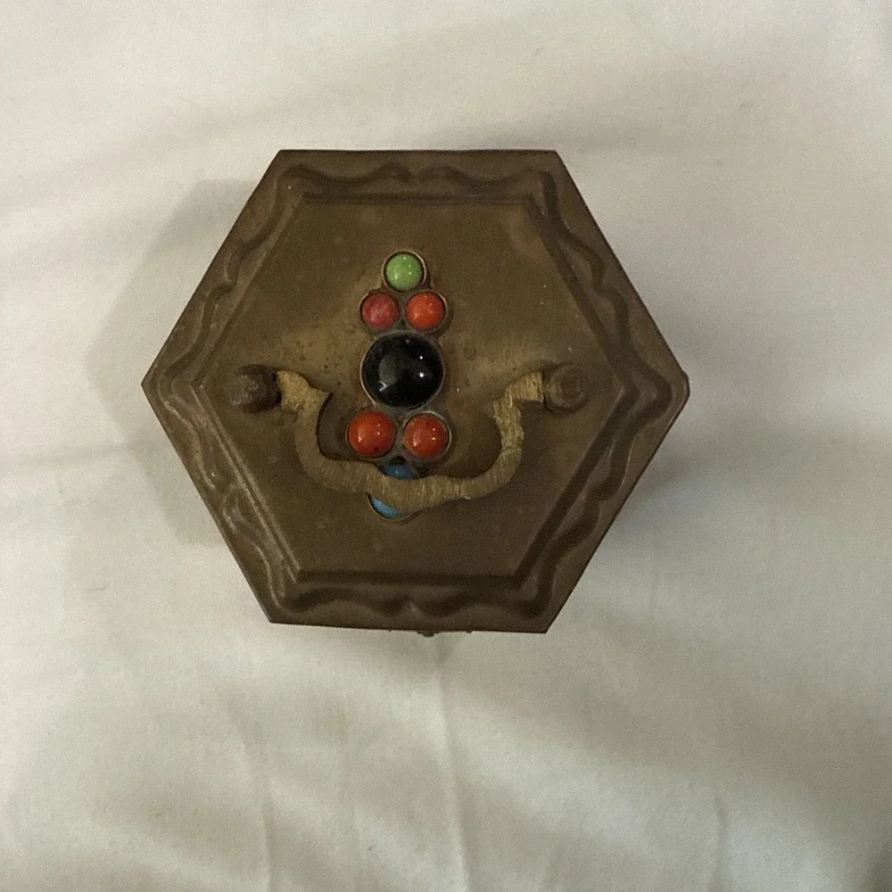 Vintage India  Shahid Brass Trinket Box With Blue Orange Gem‎ Stones
